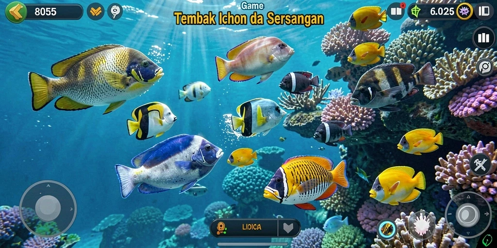 Screenshot menunjukkan gameplay seru menembak ikan di 8055.