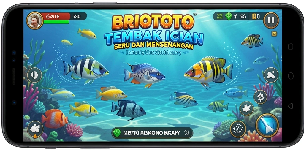Tampilan gameplay BRIOTOTO dengan ikan berwarna-warni yang bisa ditembak.