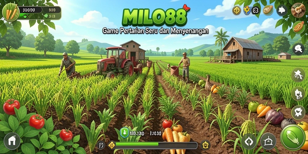 Tampilan gameplay <strong>MILO88</strong> yang menampilkan ladang yang subur dan hewan ternak.