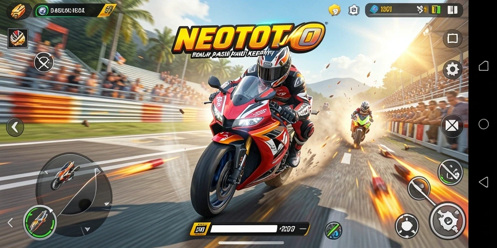 Gameplay NEOTOTO yang seru dalam aksi balap motor.