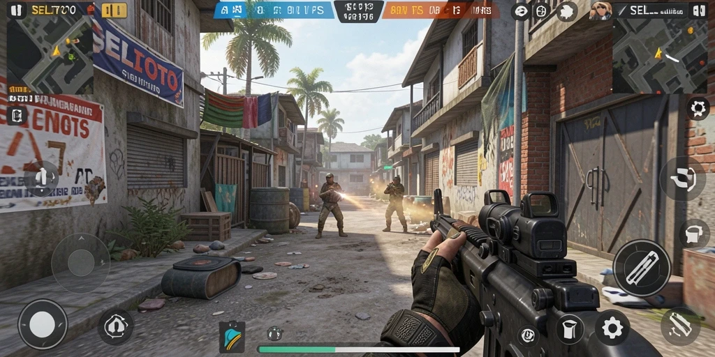 Tangkapan layar gameplay SELTOTO yang menunjukkan aksi tembak-menembak yang intens.