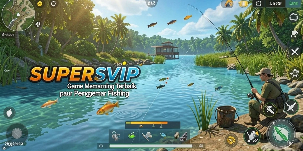 Screenshot utama SUPERSVIP menunjukkan aksi seru memancing di laut.