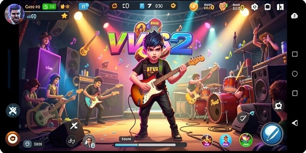 Screenshot utama VV62 menampilkan gameplay seru dengan berbagai lagu populer.